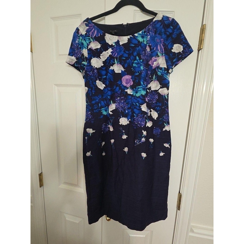 Talbots Dress Womens 6 Blue Floral Boat Neck Sheath Knee Length Lined Work